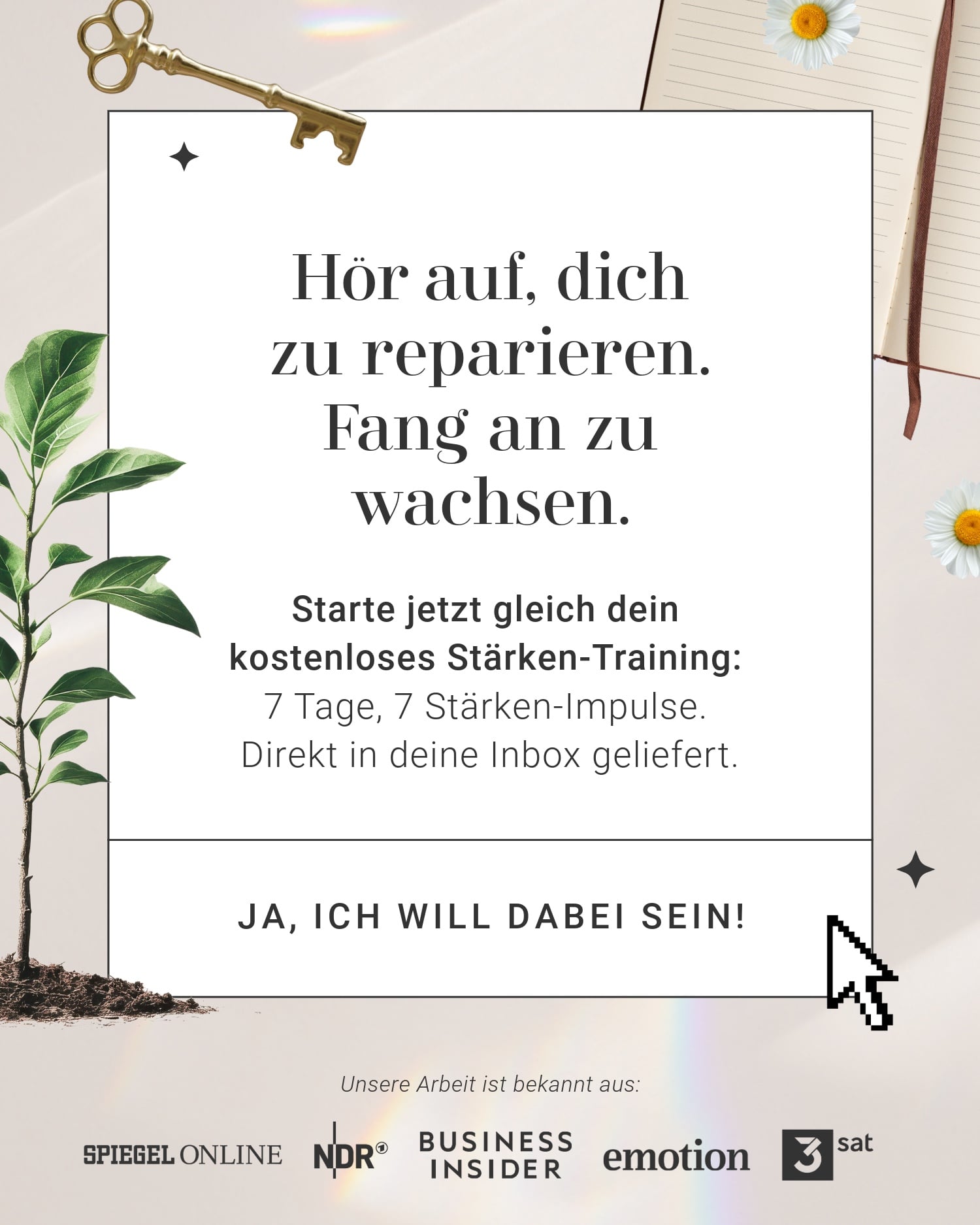 Hör auf, dich zu reparieren. Fang an zu wachsen. Starte jetzt gleich dein kostenloses Stärkentraining!